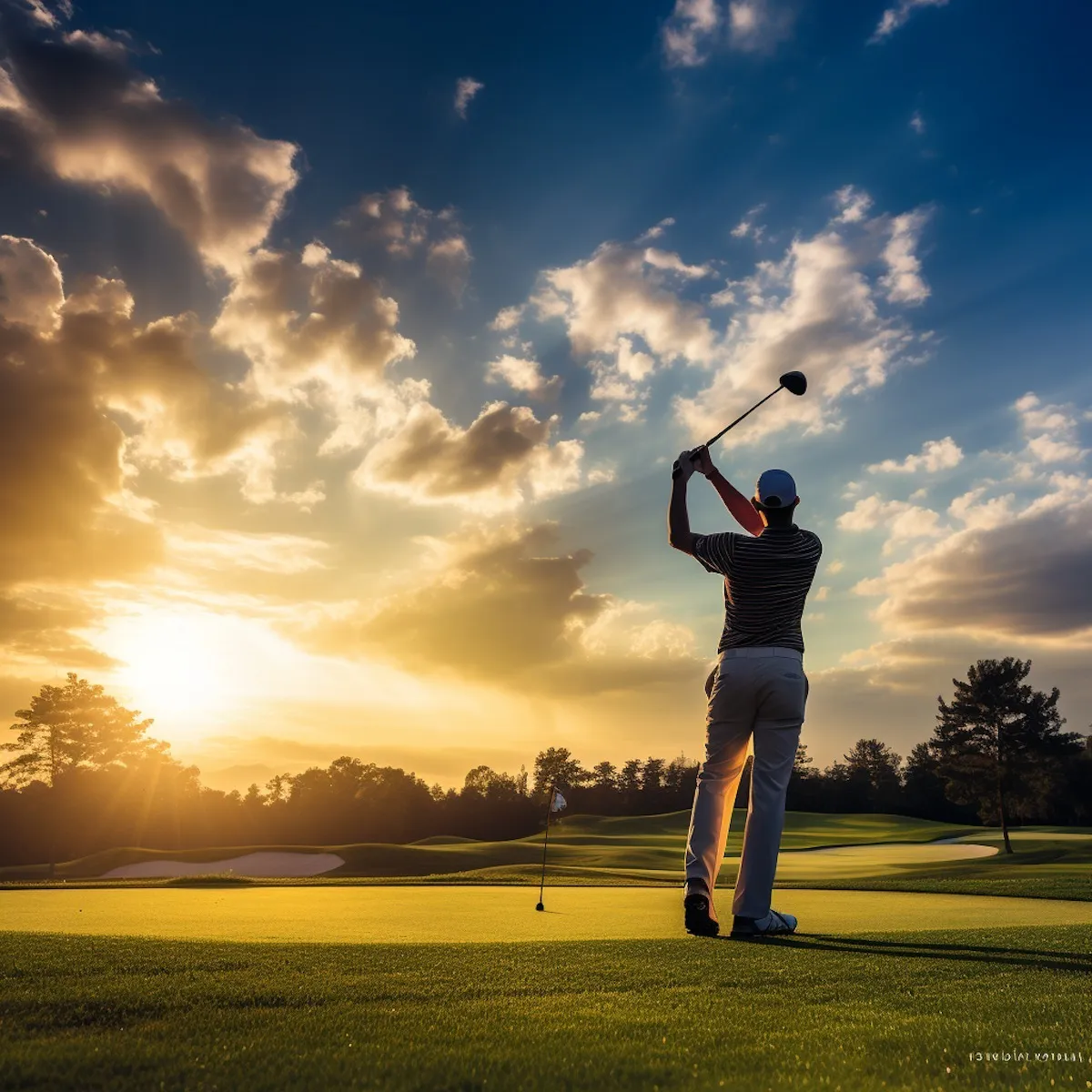 Golfer beim Abschlag in der Abendsonne als Motiv für den Beitrittsaufruf