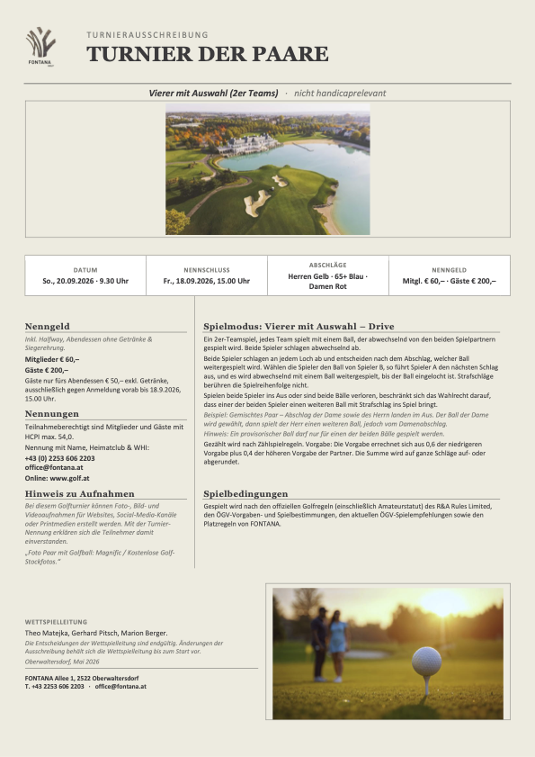 Turnier der Paare 2026 am 20. September